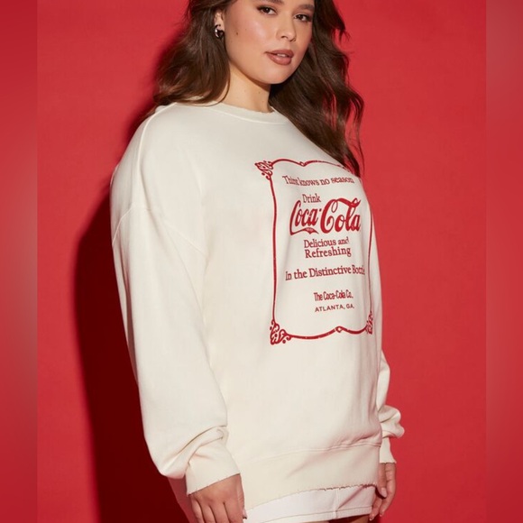 NWT Coca Cola white sweatshirt 0x white with red logos distressed neck line - Picture 3 of 10